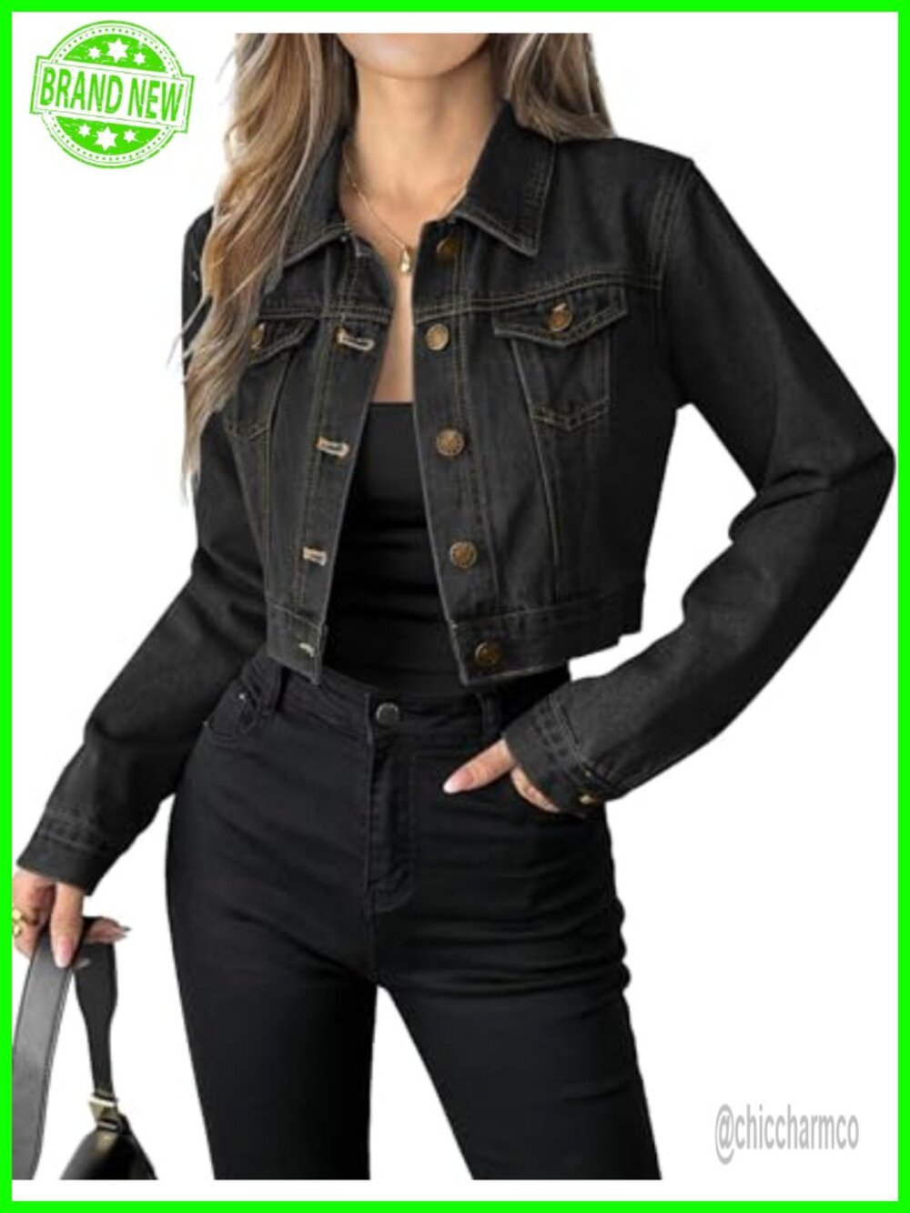 Womens 100% Cotton Button Down Crop Denim Jean Jacket Long Sleeve